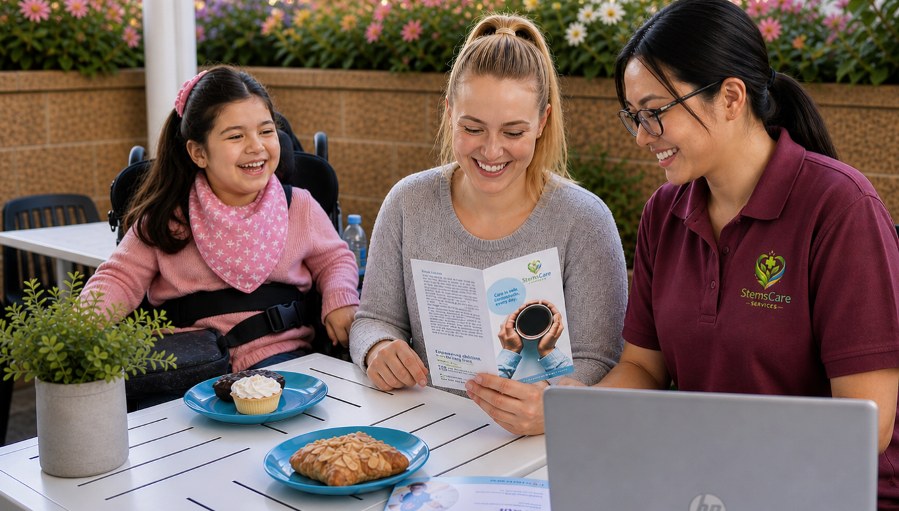 A StemsCare carer sharing information with a young participant and her mother over morning tea